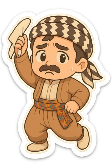 Create a chibi Kurdish cartoon sticker based on the reference image, showing a worried (concerned) expression, with a transparent background. sticker