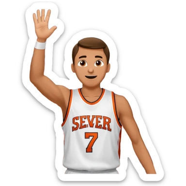 Maverick Trevillian in the crowd at an amateur basketball game. He leans towards the camera and enthusiastically shouts "six seven while performing a distinctive hand gesture: both hands open, palms facing upward, moving up and down as if weighing two options. sticker