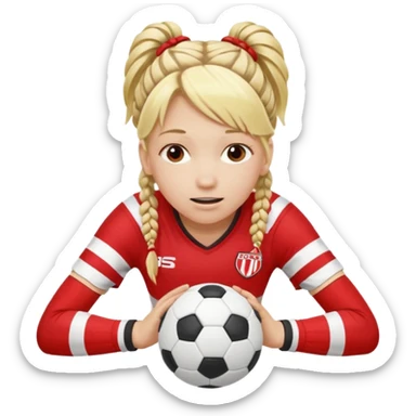 Chica de pelo rubio tirada en el suelo boca abajo agarrando un balón con las manos vestida con una equipación de color rojo y blanco con líneas y con unas botas de tacos de fútbol, con un bucal en la boca y el pelo con trenzas sticker