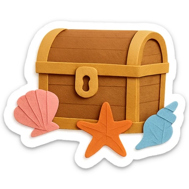 closed treasure chest with a lock, surrounded by seashells and starfish, paper-craft style sticker