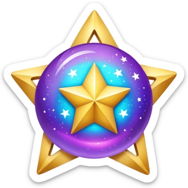 Uma esfera translúcida com reflexos roxos e azuis envolve uma estrela dourada brilhante no centro, criando um visual etéreo e futurista sticker