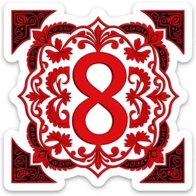 Russian ruble currency symbol (₽) decorated with traditional Udmurt folk patterns, geometric ornaments in red and black colors, symmetrical design sticker