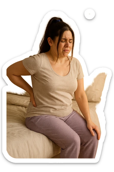 a woman in her 30s sits on the edge of her bed in the morning, holding her lower back with a pained expression. Subtle visual cues, like uneven shoulders or hips, hint at postural asymmetry. The room is softly lit, and a calendar on the wall shows months crossed off, symbolizing chronic pain over the years. sticker