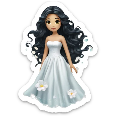 Pretty young Lady doll posing posed pose with long black hair flowers in hair white dress surrounded by flowing water water swirls waves sticker
