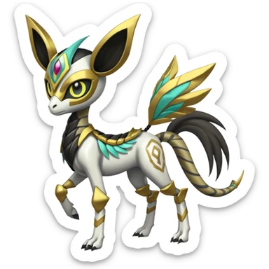 Arrow-patterned chevron-marked Big-eyed anime-styled Colorful Shiny Tribal Skeletal masked armored Meloetta-Silvally-Solgaleo-Raikou-Pokémon-Digimon-Fakémon-fusion-hybrid-creature, full body sticker
