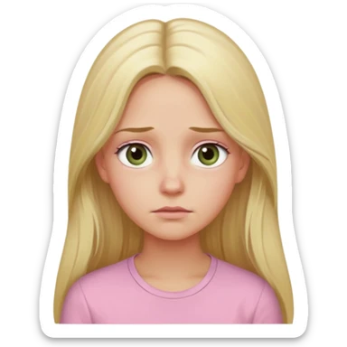 blonde with long hair and swamp-colored eyes, wearing a pastel pink shirt, thoughtful expression, eyes looking to the side, iOS Apple emoji style sticker