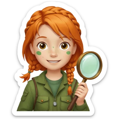 braid orange haired girl kid in moss green explorer outfit, holding magnifying glass, smile sticker