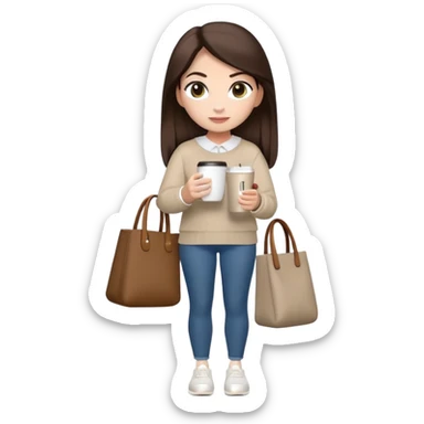 A full-body  female character in Apple Memoji style. She has the same face, hair color, and features as the provided reference (long dark brown hair, neutral skin tone, expressive eyes). She is wearing a modest, trendy outfit with a neutral-colored sweater or outer, carrying a tote bag on one shoulder, holding a cup of coffee in the other hand, and wearing white AirPods. The overall style should closely resemble an official iPhone Memoji, with a friendly and relaxed vibe. Simple background. sticker