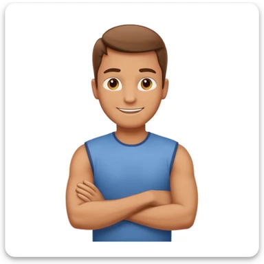 Create a cartoon emoji-style illustration of a smiling man standing confidently with arms crossed. sticker