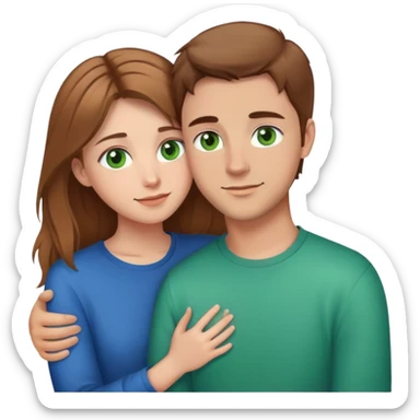 cute couple hugging, girl with light brown hair and green eyes, guy with brown hair and blue eyes sticker