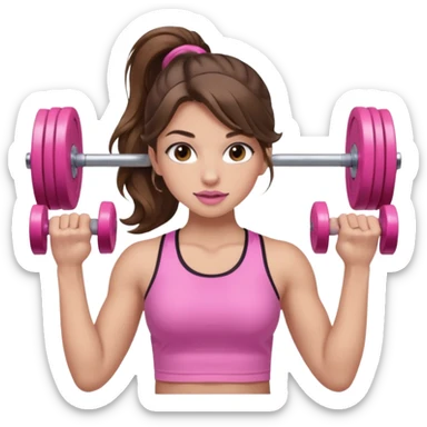 girl with wavy long ponytail brown hair, brown eyes, light to medium complexion, long lashes, light pink lipstick, wearing light pink shirt, lifting pink weights in a sports top sticker