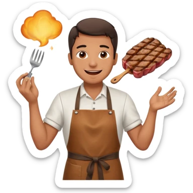 A cheerful man in an apron flipping meat on a sizzling grill with smoke puffing upward. sticker