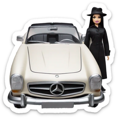 Bouclé Beauty Barbie, 1965 Wednesday Addams from academy, in dark-gray and black striped outfit with hat. Driving 1978 Mercedes convertible sports car  sticker