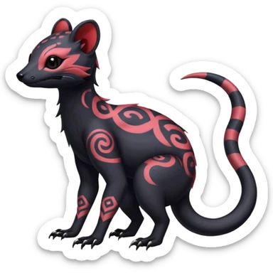 Rare warm-colored exotic gloomy tropical edgy cute epic aesthetic spooky  gothic colorful Salandit-Noibat-Civet-species-Fakemon-hybrid-creature, with tribal tattoo markings, full body sticker