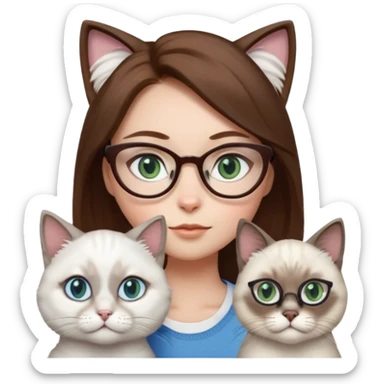 O fata cu parul saten cu ochii griji-albastrii ,ochelari și codițe de pisica ..și langa o pisicuță alba pufoasa ,cu ochii verzi și o a doua pisica siameza pufoasa cu capul maro -negru și coada ,restul corpului un maro deschis spre alb  , ochii albaștrii  sticker