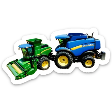 Baler – New Holland Roll-Belt 560 (2018) – Cinematic-realistic John Deere 6155M tractor towing a New Holland Roll-Belt 560 baler, its deep green body contrasting with the bright blue baler. The massive machine moves steadily through golden fields, compressing freshly cut hay into tight round bales, while dust swirls under the blazing afternoon sun. sticker