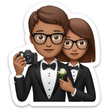 Un fotógrafo con pelo moreno, gafas, cámara en la mano derecha, fotografiando una boda sticker