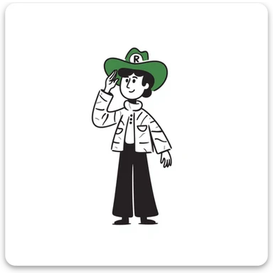 Cowboy wearing green hat with letter R on it sticker