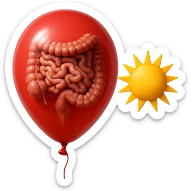 intestino umano anatomico chiuso in un palloncino rosso che simboleggia gonfiore, accanto un simbolo di sole che simboleggia "gonfiori di mattina", iperrealistico 4k sticker
