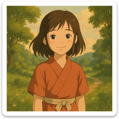 cute Japanese girl, ghibli style, gentle smile, natural background, warm tones sticker