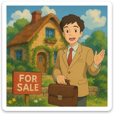 ghibli style illustration of a person showing a house for sale sticker