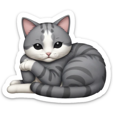 dark grey and white small cat with eyes closed, leaning his head on his paw while leaning on his elbow lying down sticker