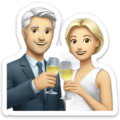 caucasian woman with brown eyes and blond short hair and a caucasian man with blue eyes and grey hair, toasting with a glass of white wine sticker