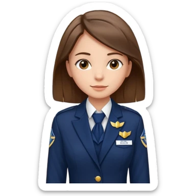 Reception Young girl, straight hair, wearing uniform jacket with hotel name badge, tasteful scarf, stand behind the desk

 sticker