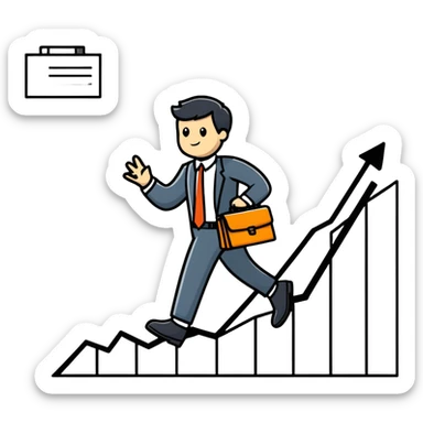 Happy entrepreneur climbing up a business chart graph with briefcase sticker