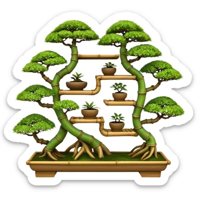 Twisted bamboo shelving unit with bonsai plants(in shallow bonsai pots) because they have too many  sticker