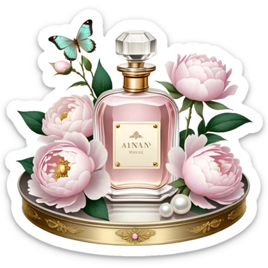 A dreamy still life of a vintage perfume bottle collection with golden embellishments, set on an antique silver tray, surrounded by lush white peonies and soft pink roses, with an iridescent pearl butterfly perched on a golden stopper.
 sticker