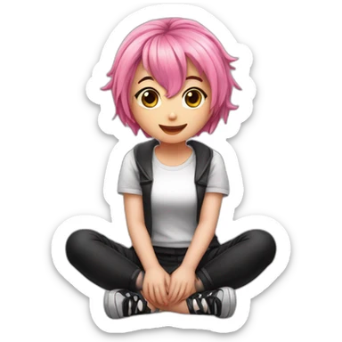 Full body Front view curvy emo girl pink hair sits on the floor straight view hands up black skirt полосатые рваные чулки sticker