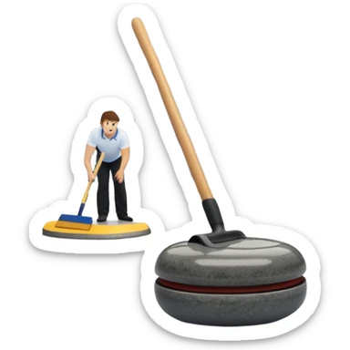 An icon showing a detailed close-up of a curling stone sliding across the ice, with a broom in motion beside it. The background features an indoor stadium with cheering spectators on the stands. Transparent background captures the strategy and focus of curling. sticker