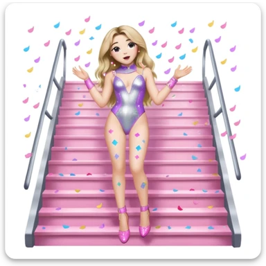 Sabrina carpenter singing at a concert wearing a silver bodysuit with kiss marks all over it  pink sparkle heels.  stage setting is very lit up with white stairs and confetti  sticker