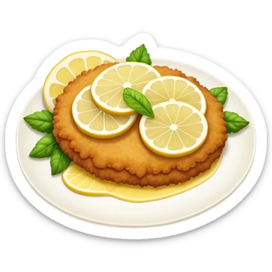 Cinematic Realistic Veal Schnitzel Dish Emoji, depicted as a golden, breaded veal cutlet served with lemon rendered with crisp textures and inviting, natural lighting. sticker