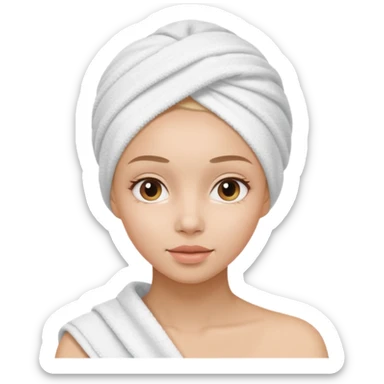 A gril that her head covered with towel and skincare plis hide the hair and this girl shuold be using a skincare product sticker