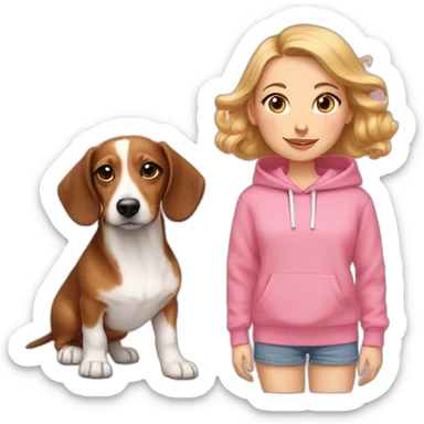 white girl with light eyes and dachshund puppy with pink oversized sweatshirt sticker
