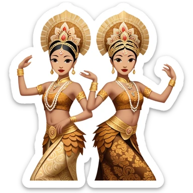 ​Cinematic Realistic Traditional Javanese Dancers, depicted as two graceful dancers in ornate traditional costumes with intricate batik patterns and elaborate headpieces, captured in dynamic poses during a ritual dance in an ancient temple courtyard, rendered with soft golden lighting and rich cultural textures, sticker