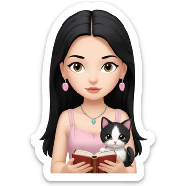 Menina branca ,cabelos pretos longos, olhos pretos puxados para cima. Cílios longos, lábios grossos ,nariz pequeno ,vestido rosa claro de alça. Colar e brinco bem pequeno. Lendo um livro com gatinho preto e branco. sticker