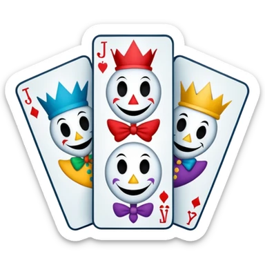 bunch of 3 poker cards, with crazy colorful human jolly jokers inside, inversed face, cuphead style sticker