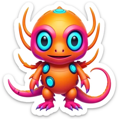 Tropical futuristic lush warm-colored modern colorful neon-colored cyber-Fakémon-Digimon-Trico-creature sticker