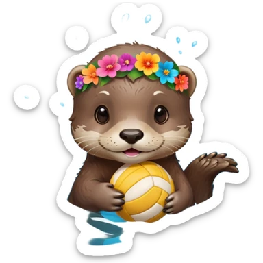 super cute baby otter with a colorful flower crown ring around its head, gentle expression, FLOATING ON EXTREMELY OBVIOUS BRIGHT BLUE WATER with exaggerated large waves, splashes and ripples surrounding the otter, baby otter holding a volleyball with both paws above the very prominent water sticker