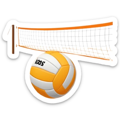 The scene captures a sunny sea beach with clear blue sea and sky, palm trees swaying. A volleyball resting on the orange sand ground of a beach, with a volleyball net in the background.  sticker
