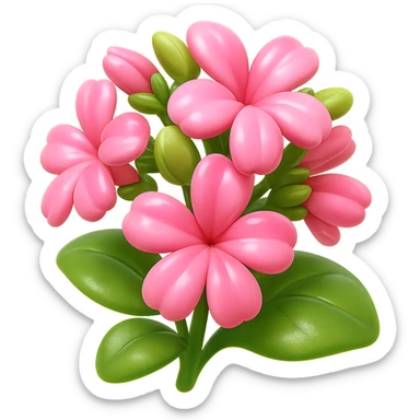 Create a 3D iOS-style square image of cartoon soapwort (Saponaria) flowers with extra volumetric and rounded shapes, exaggerated cute pink petals, big green leaves, playful proportions, soft lighting, and a glossy effect. No background, no face or smile, proportions 1:1. Style should reflect GPT Image style as requested. sticker