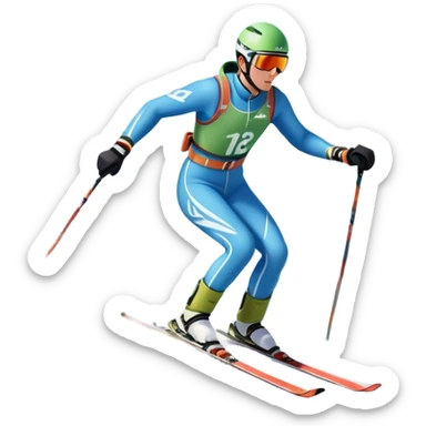 An icon featuring a skier racing down a snow-covered slope, surrounded by snowy peaks, pine trees, and a picturesque mountain landscape. The sky is blue with soft clouds, capturing the thrill and beauty of alpine skiing. Transparent background  sticker