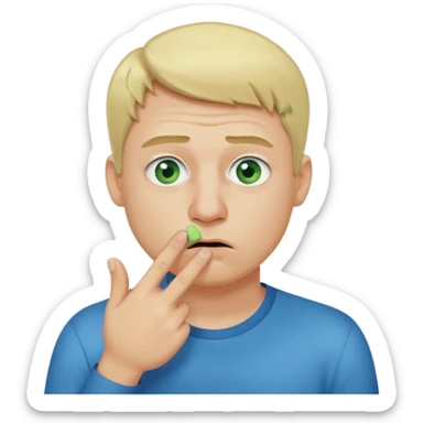 a emoji with two fingers in his nose, make him have a natural white skincolour and blonde hair, blue/green eyes, put the fingers in his nose, its a man and he needs two fingers IN his nose sticker
