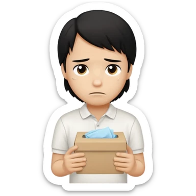 generate a pretty bratz boy with long black hair, wearing a white polo shirt. Looking sad, holding a box of tissues sticker