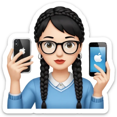Black hair braided to one side, bangs, horn-rimmed glasses, and taking mirror selfies with iPhone white. Holding a phone to show the iPhone logo sticker