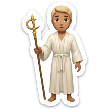 iOS-style 3D emoji: wide blue sea split into two towering water walls, dry path in the middle, Moses standing at the center holding a staff upright sticker