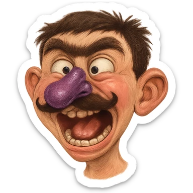 Create a humorous and exaggerated portrait of a male child with an eggplant-shaped nose, mustache, and unibrow. Include comedic and exaggerated facial expressions with humorous details. The background should be removed, focusing solely on the character's face. The style should be suitable for editing and allow for detailed expression enhancements. sticker